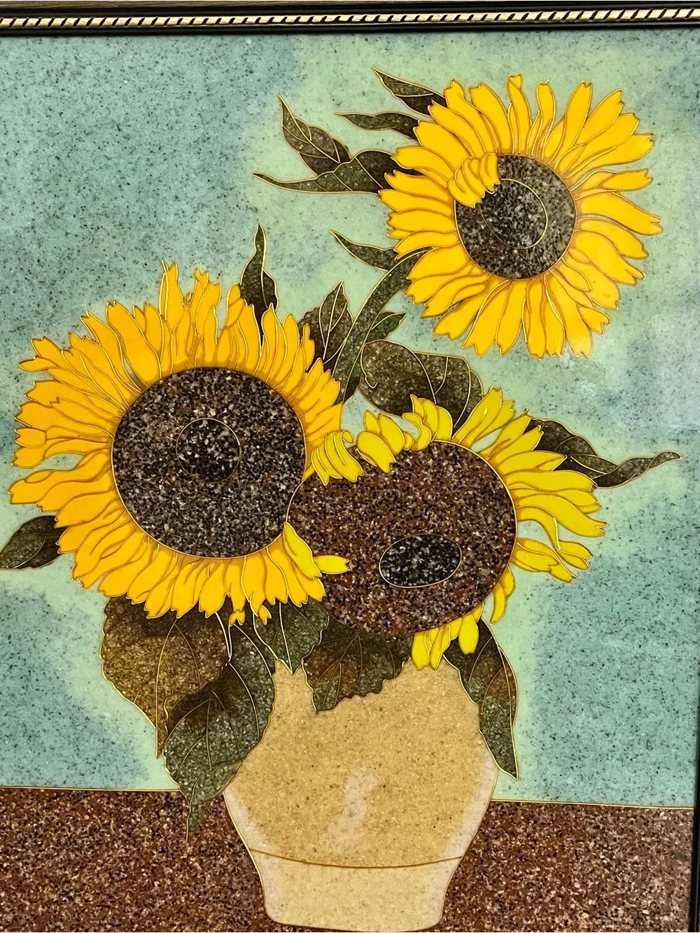 Vintage Ceramic Tile Art Arrangement Of Three Sunflowers In Vase 17/21 Inches